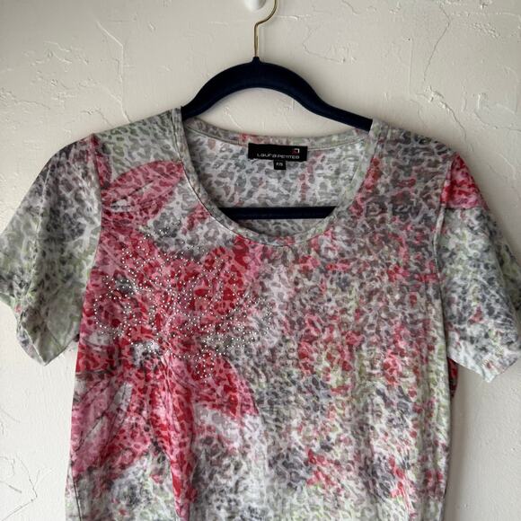 Laura Petites Y2k Small Floral Water Colored Rhinestone Short Slv Semi Sheer Top - Picture 2 of 9